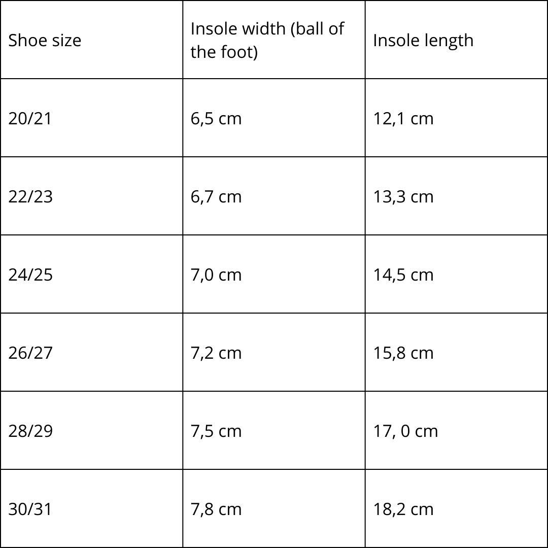 KAKU Natural Felt Kids' Slippers size chart