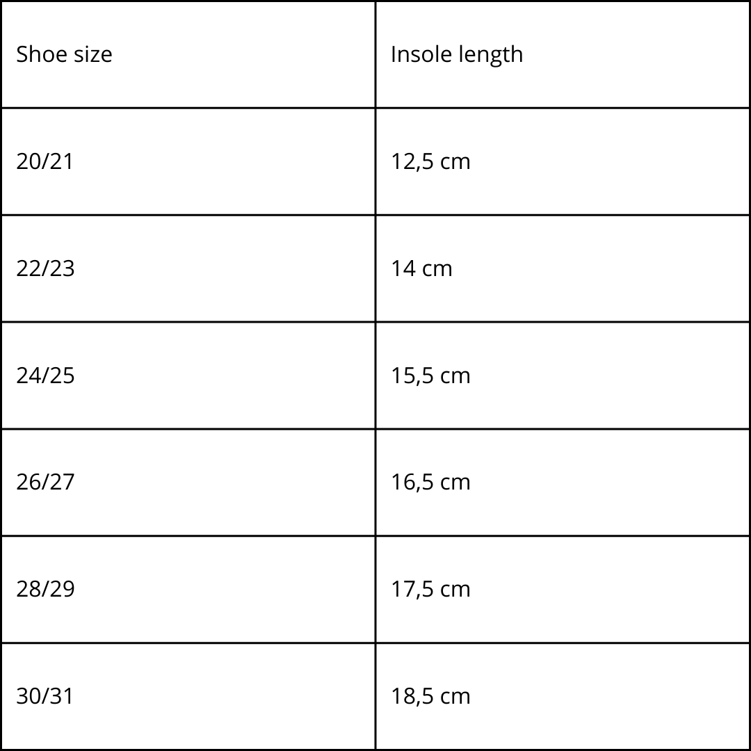 Kids' Slippers Põnni size chart