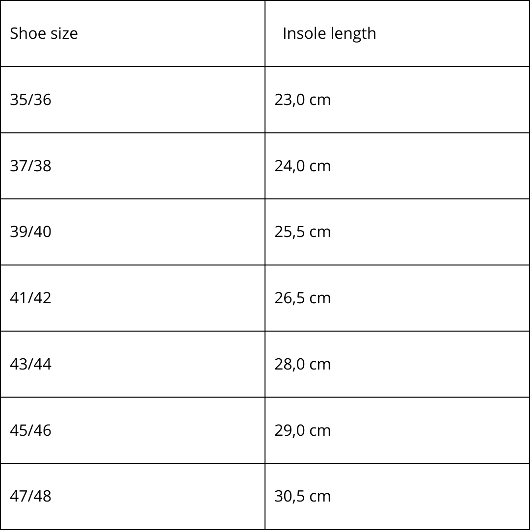 Natural felt slippers Pelsi - Dark grey size chart