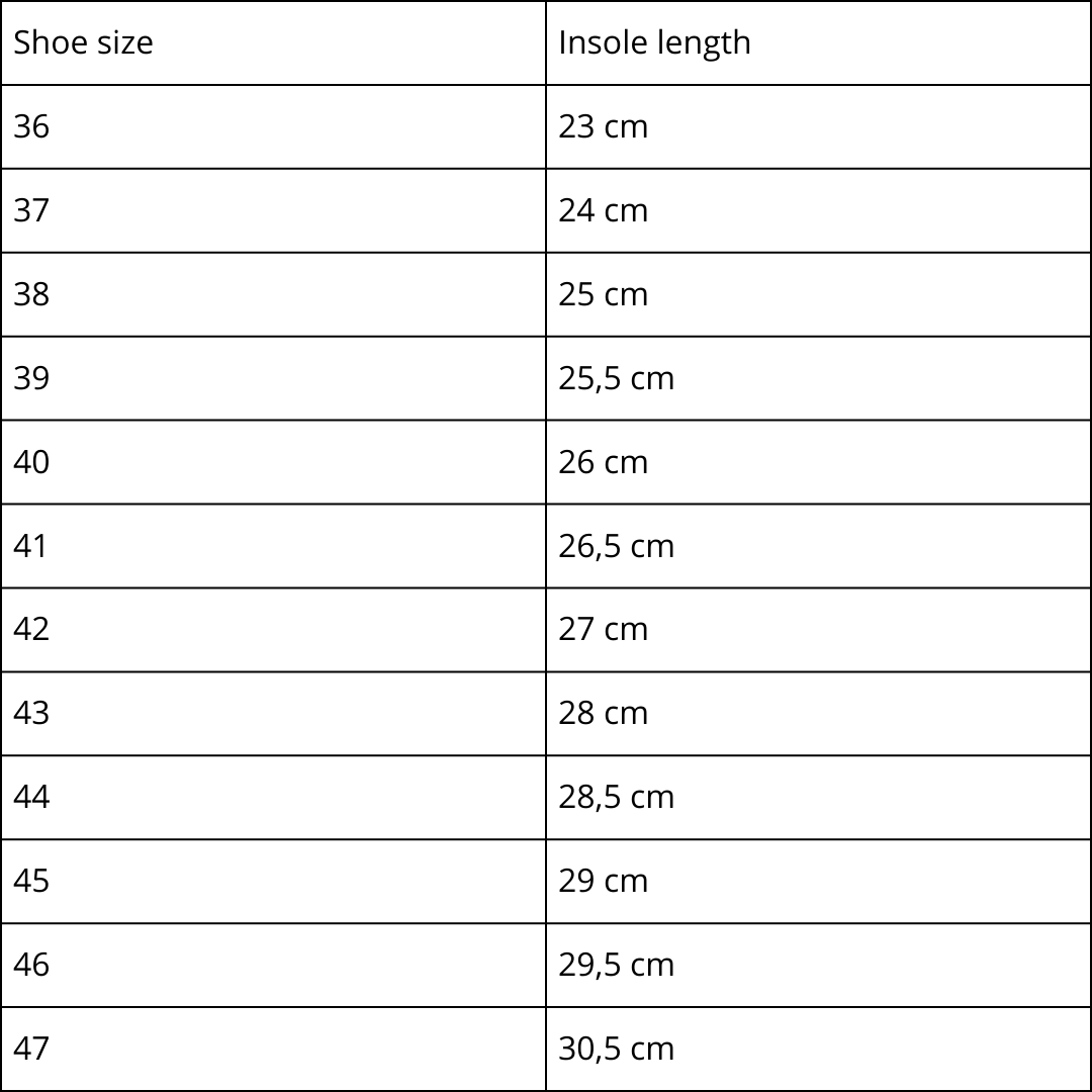 Slippers Villa size chart