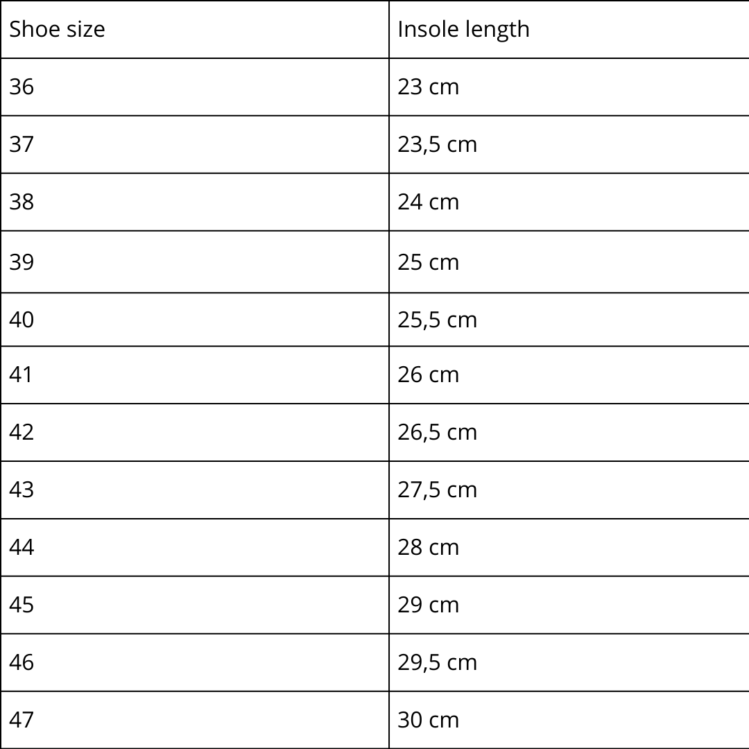 TOKU Bern Slippers - White size chart